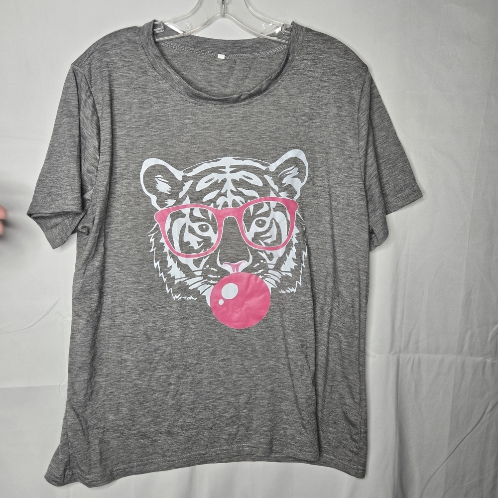 XXL Womens Gray T-Shirt with Tiger and Pink Glasses Bubblegum
